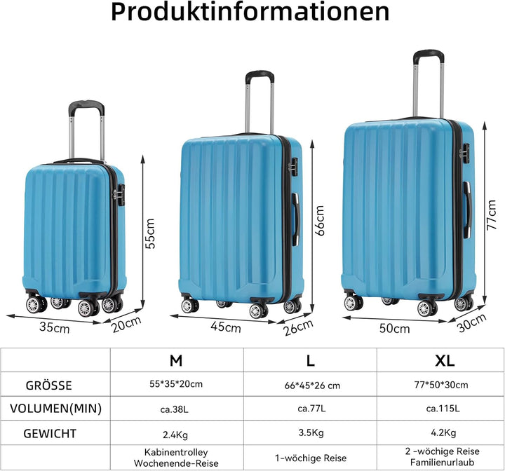 BEIBYE TSA-Schloss 2080 Zwillingsrollen 3 TLG. Reisekofferset Koffer Kofferset Trolley Trolleys Hart