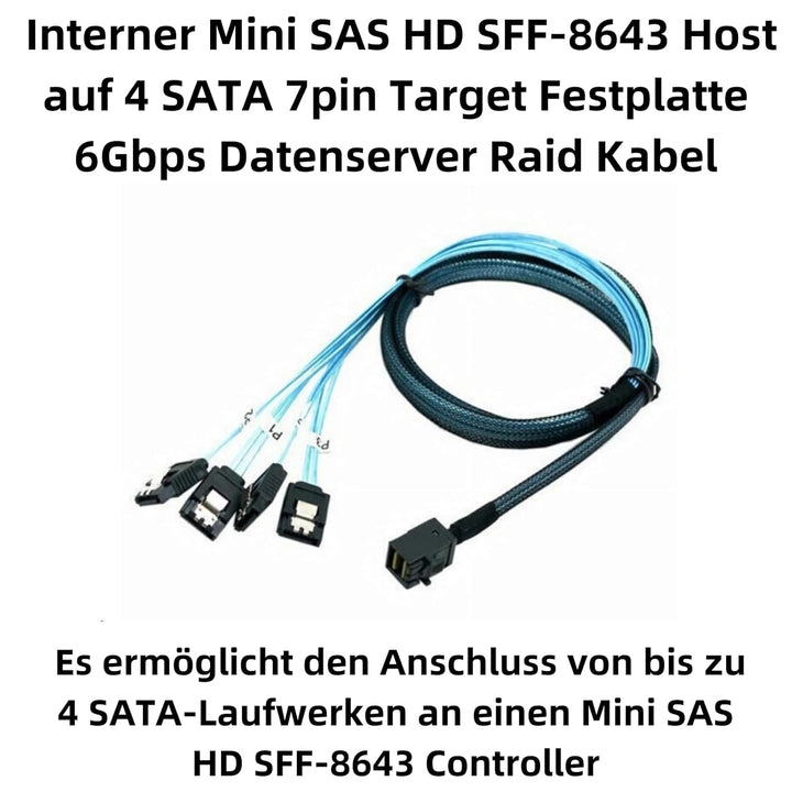 Bolwins P56S Mini SAS SFF-8643 auf 4x SATA 7pin Splitter Kabel – 1m Internes Datenkabel für Festplat