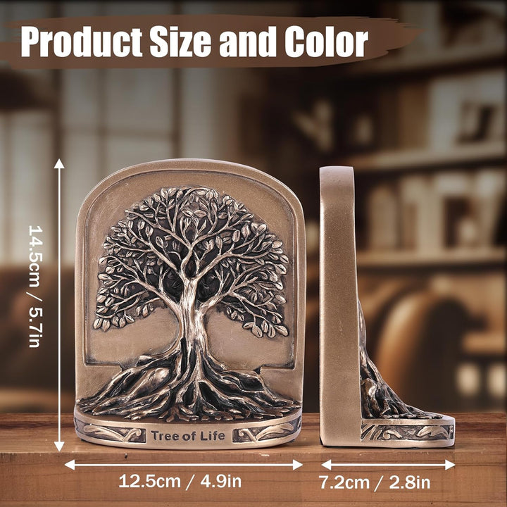 Schwere Buchstützen Baum des Lebens aus Kunstharz - 2er Set in bronzefarbener Optik mit Rutschfester