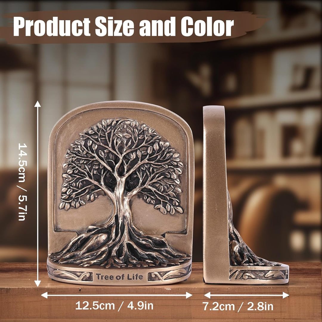 Schwere Buchstützen Baum des Lebens aus Kunstharz - 2er Set in bronzefarbener Optik mit Rutschfester