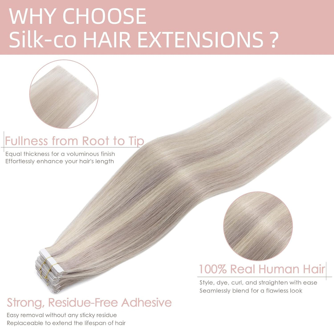 Silk-co Tape Extensions Echthaar 20stk, Haarverlängerung Tape in Extensions Echthaar, Remy Haarexten
