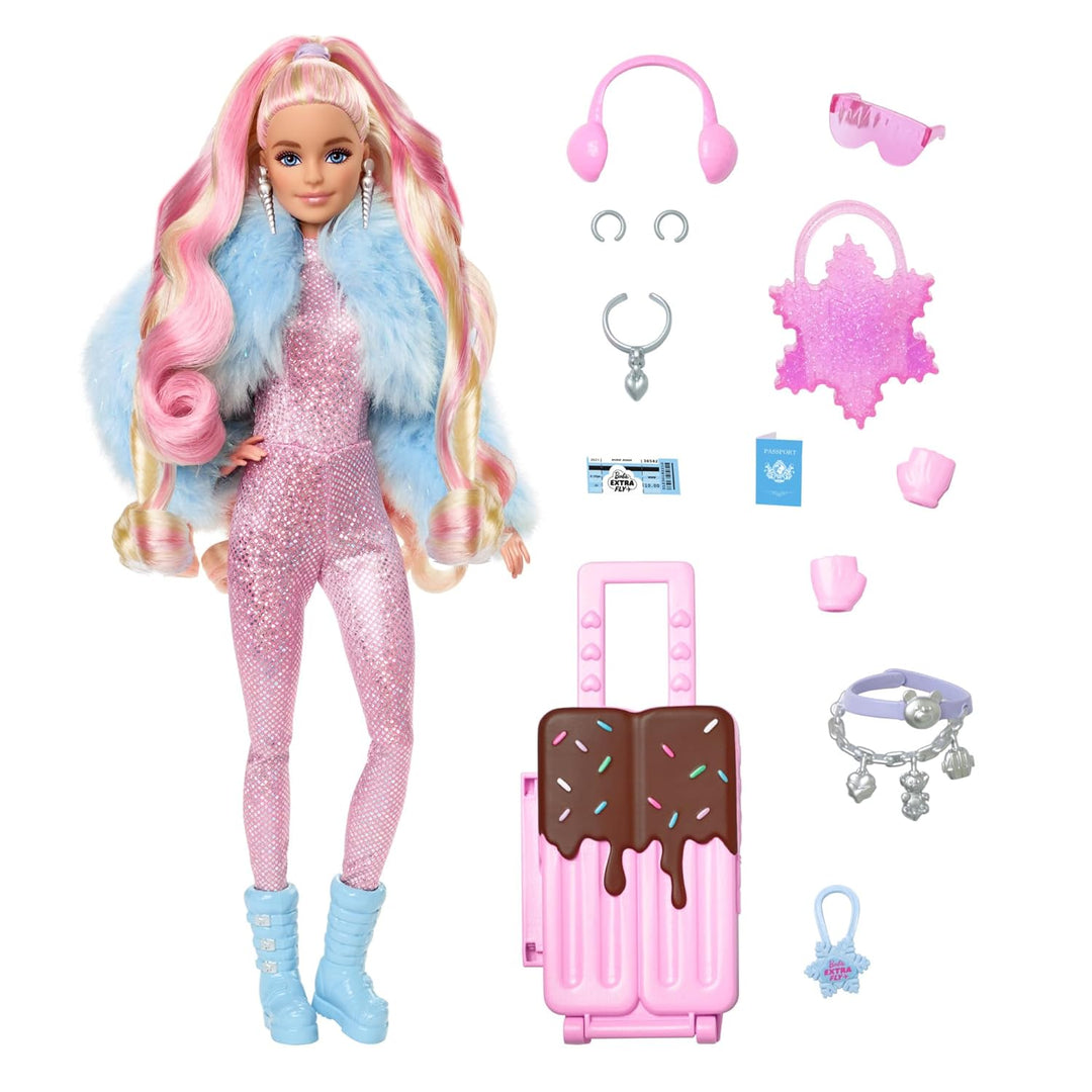 Barbie Extra Fly - Reisepuppe mit Winter-Outfit und Zubehör, 15 Accessoires wie Ohrenschützer, Hands