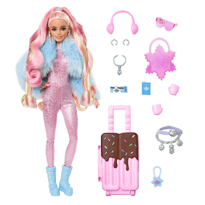 Barbie Extra Fly - Reisepuppe mit Winter-Outfit und Zubehör, 15 Accessoires wie Ohrenschützer, Hands