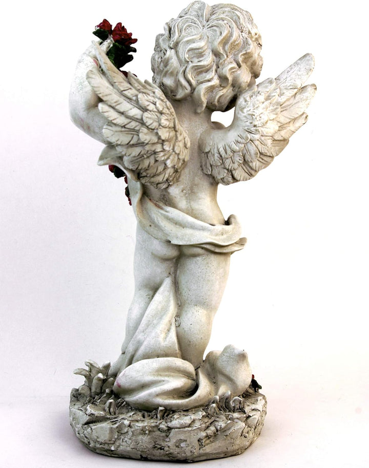 GeKi Trend Engel Figur mit Rosengirlande Dekofigur Putte frostfest Gartendeko Grabschmuck antik weis