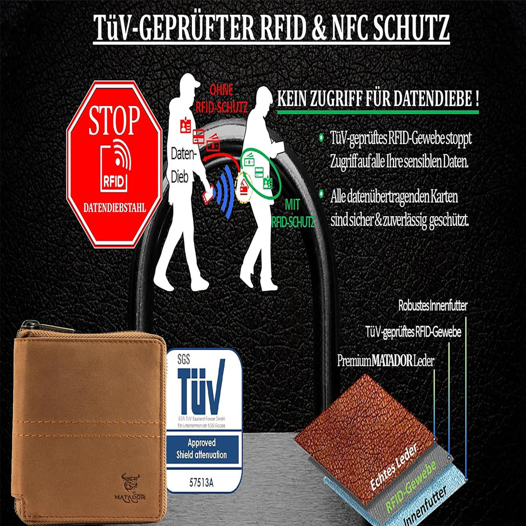 MATADOR Leder Geldbörse Herren mit Reissverschluss Hell Braun Geldtasche TüV geprüfter RFID & NFC Sc