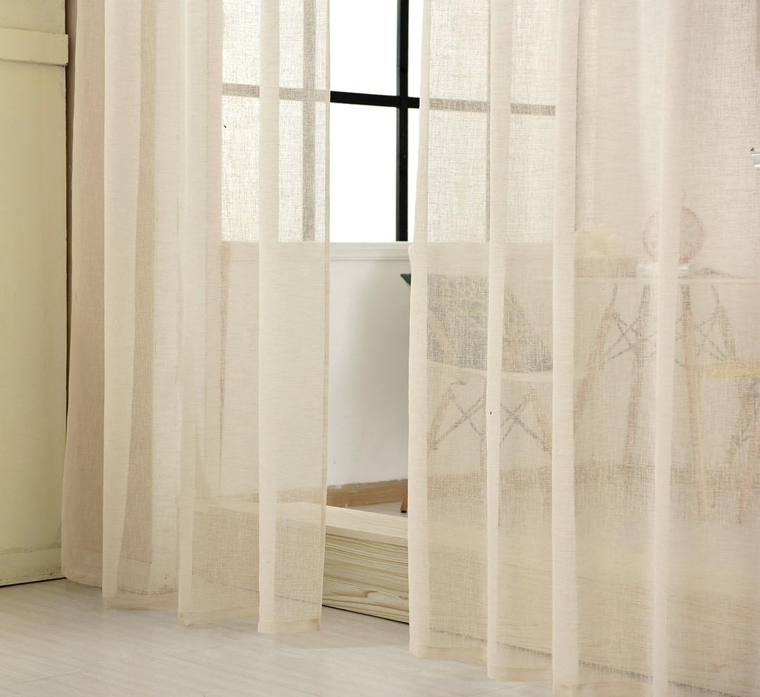 WOLTU Gardinen transparent mit Kräuselband 2er Set Vorhänge Leinenoptik Halbtransparent Voile Leinen