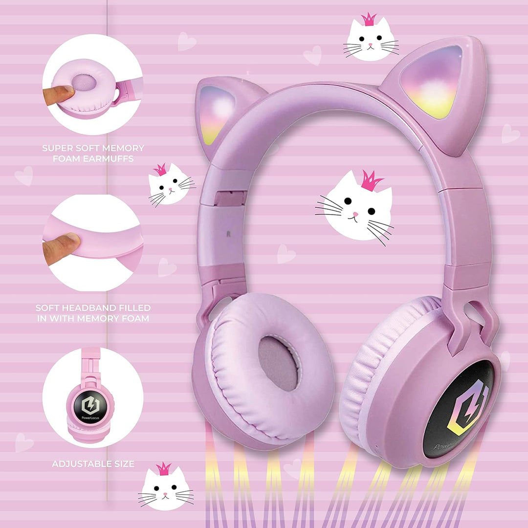 PowerLocus Bluetooth Kopfhörer Kinder, LED Katzenohren, 85dB Sichere Lautstärke, Bluetooth 5.3, Micr