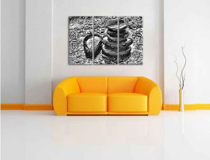 Pixxprint Zensteinturm im Regen als Leinwandbild/Grösse: 3 Teilig (120x80) cm/Wandbild/Kunstdruck/fe