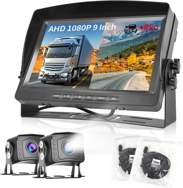 Dual Backup Kamera Rückfahrkamera System, Videoaufzeichnung 9 Zoll LCD Monitor DVR, IP69 Wasserdicht