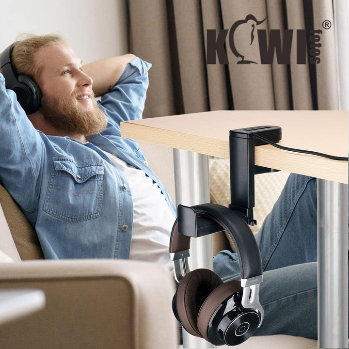 KIWIFOTOS 2-in-1-Kopfhörerständer unter dem Schreibtisch mit 4 Anschlüssen USB-Hub-Organizer, Headse