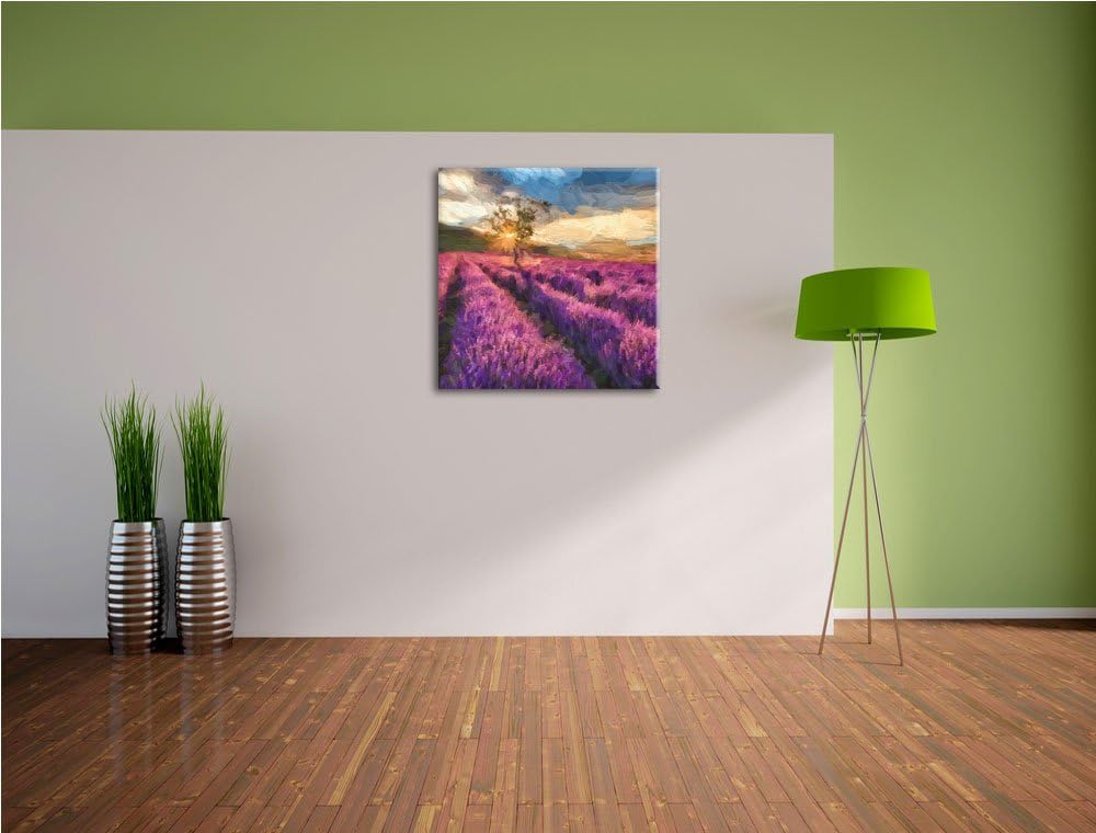 Pixxprint Zartes Lavendelfeld mit einsamen Baum, Format: 70x70 auf Leinwand, 70x70