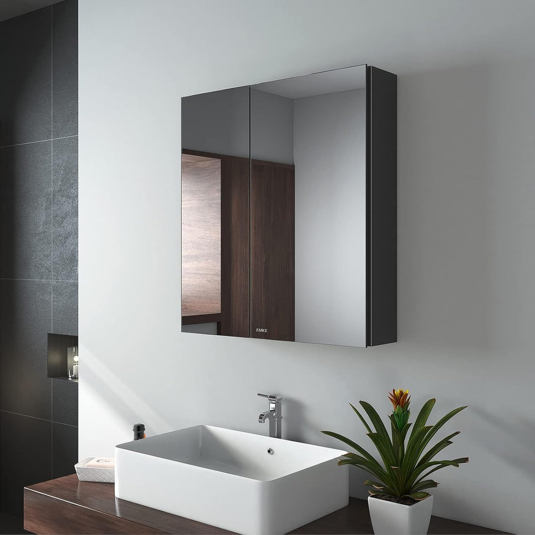 EMKE Spiegelschränke 60x65cm Spiegelschrank Badschrank mit Doppelseitiger Spiegel (Schwarz), Schwarz