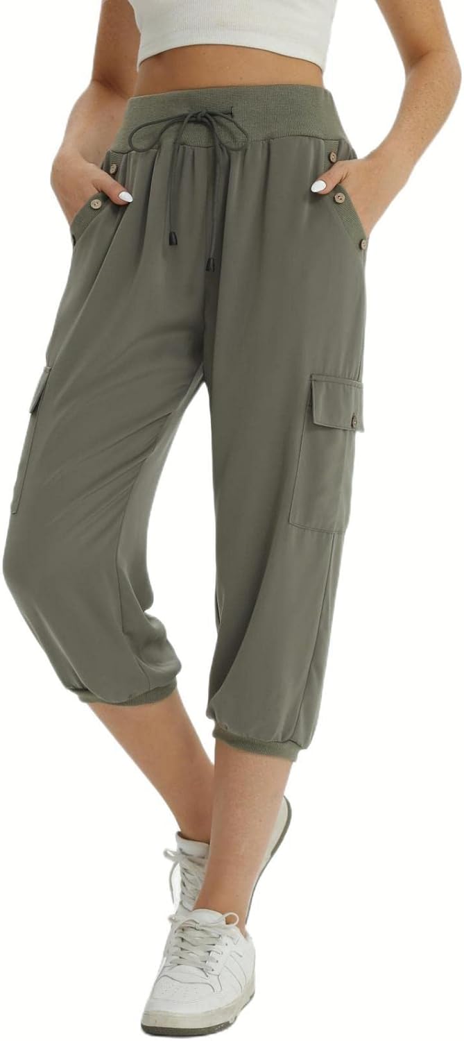 fuinloth 3/4 Hose Damen, Sommer Caprihose Dreiviertel Cargo Hosen Frauen Gummizug Leicht 42-44 Grau