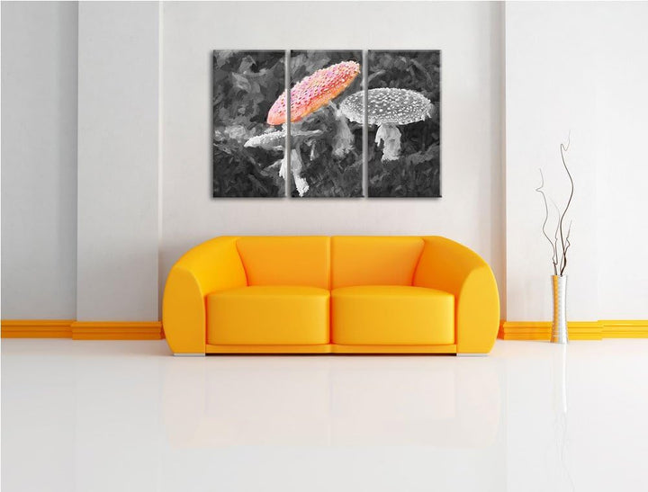 prächtige Fliegenpilze auf Waldboden schwarz/weiss Spezial 3-Teiler Leinwandbild 120x80 Bild auf Lei