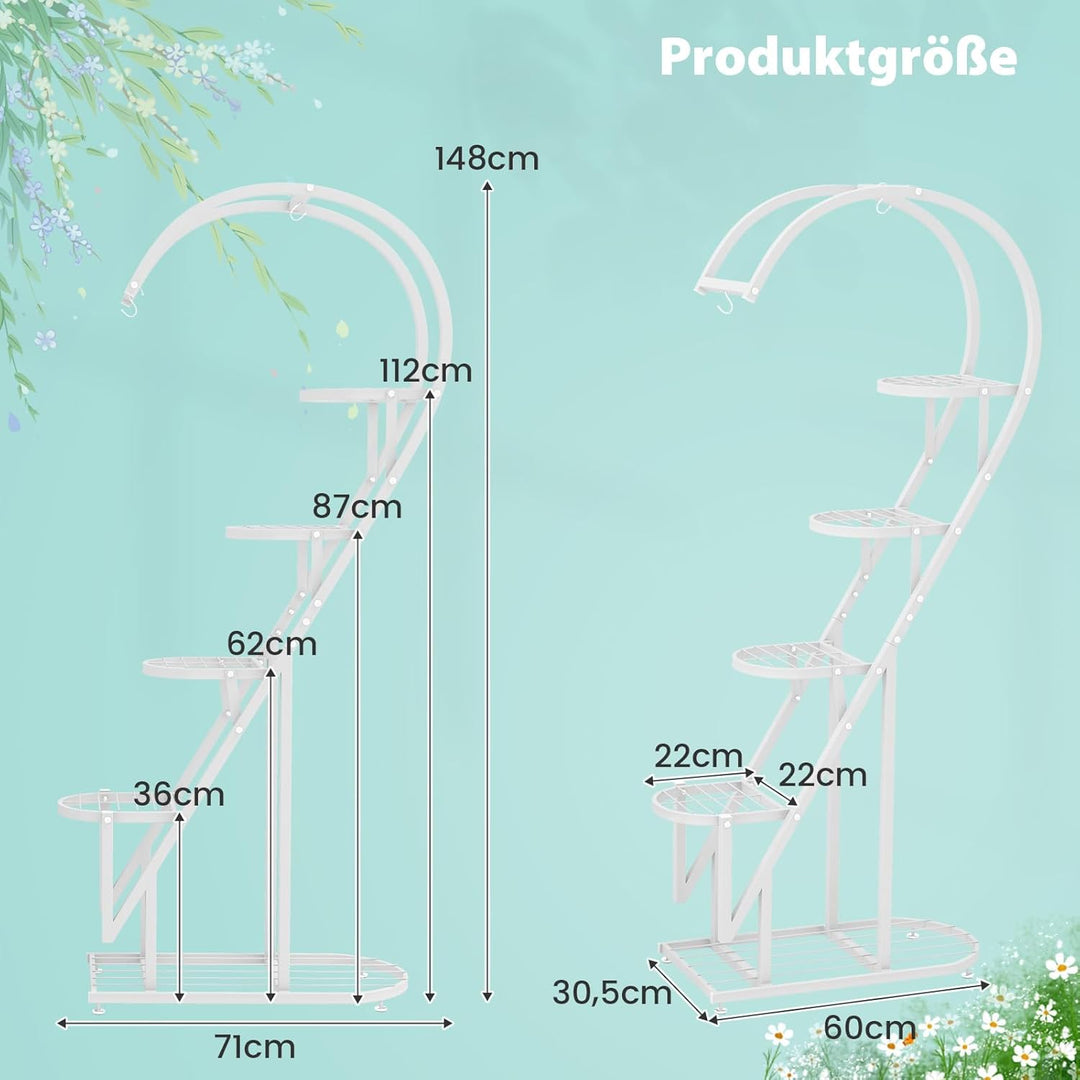COSTWAY 5-stufiger Metall Pflanzenständer Herzförmig, Blumenregal mit Haken, Leiter Pflanzenregal Ki