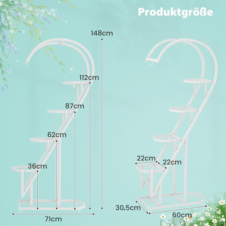 COSTWAY 5-stufiger Metall Pflanzenständer Herzförmig, Blumenregal mit Haken, Leiter Pflanzenregal Ki