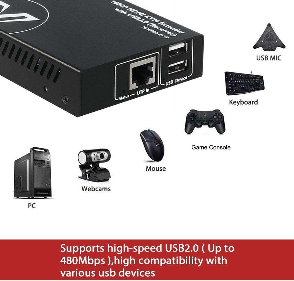 AV Access USB HDMI KVM Extender, 1080P@60Hz bis 80m/260ft über Cat5e/6, 2 USB2.0 Ports für Computer,