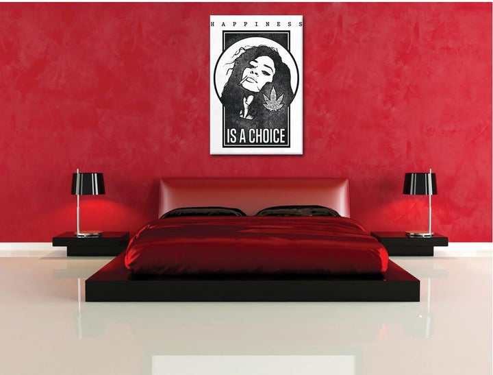 Happiness is a choice white Bild auf Leinwand, XXL riesige Bilder fertig gerahmt mit Keilrahmen, Kun