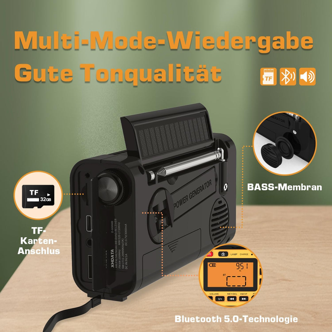 XHDATA D608WB Tragbares Notfall Radio mit Kurbel Solarradio mit Kurbel 3000mAh Akku Wiederaufladbare