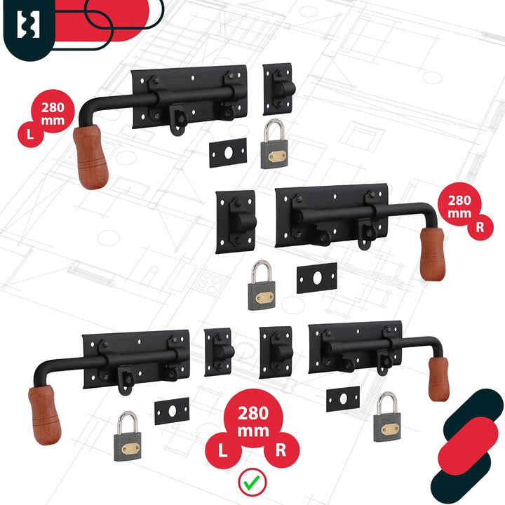 KOTARBAU® Torriegel 280mm Rechts Links Set 2St. mit Vorhängeschloss Türriegel Bolzenriegel Schlossri