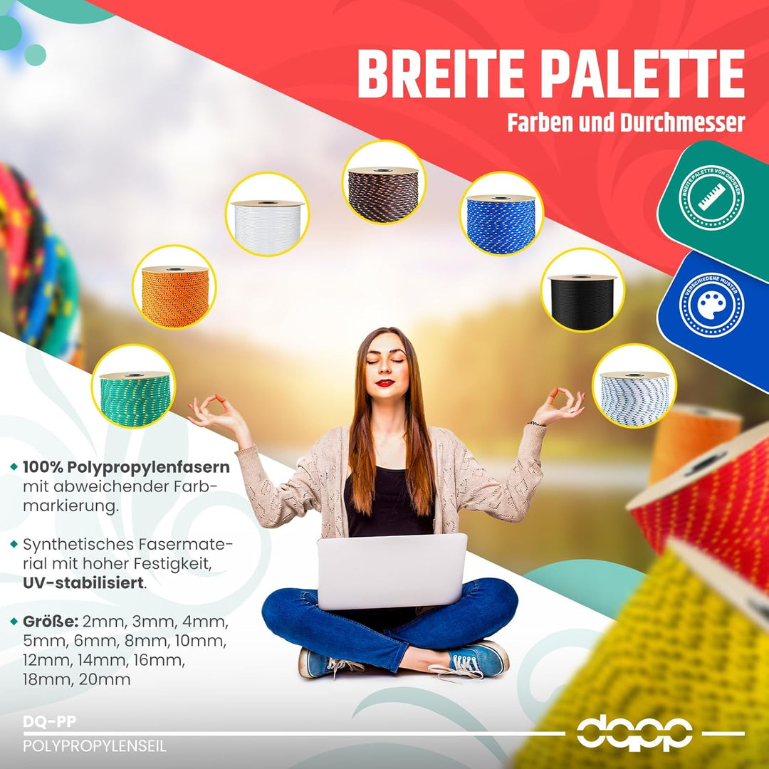 100m POLYPROPYLENSEIL 8mm GELB Polypropylen Seil Traglast bis 750 kg Tauwerk PP Flechtleine Textilse