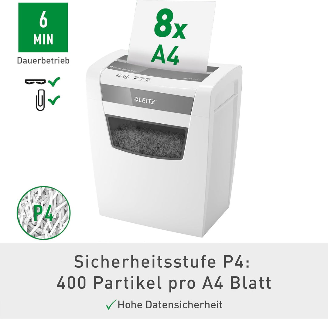 Leitz IQ Home Office S Aktenvernichter, 9-8 Blatt Kapazität (70-80 g/m²), Partikelschnitt, Sicherhei