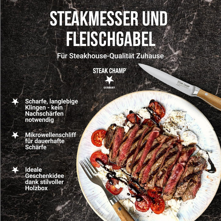 Steak Champ Fleischgabel und Steakmesser, 2 x 2 Stk.: Gabeln und Messer aus Klingenstahl, mit Mikrow
