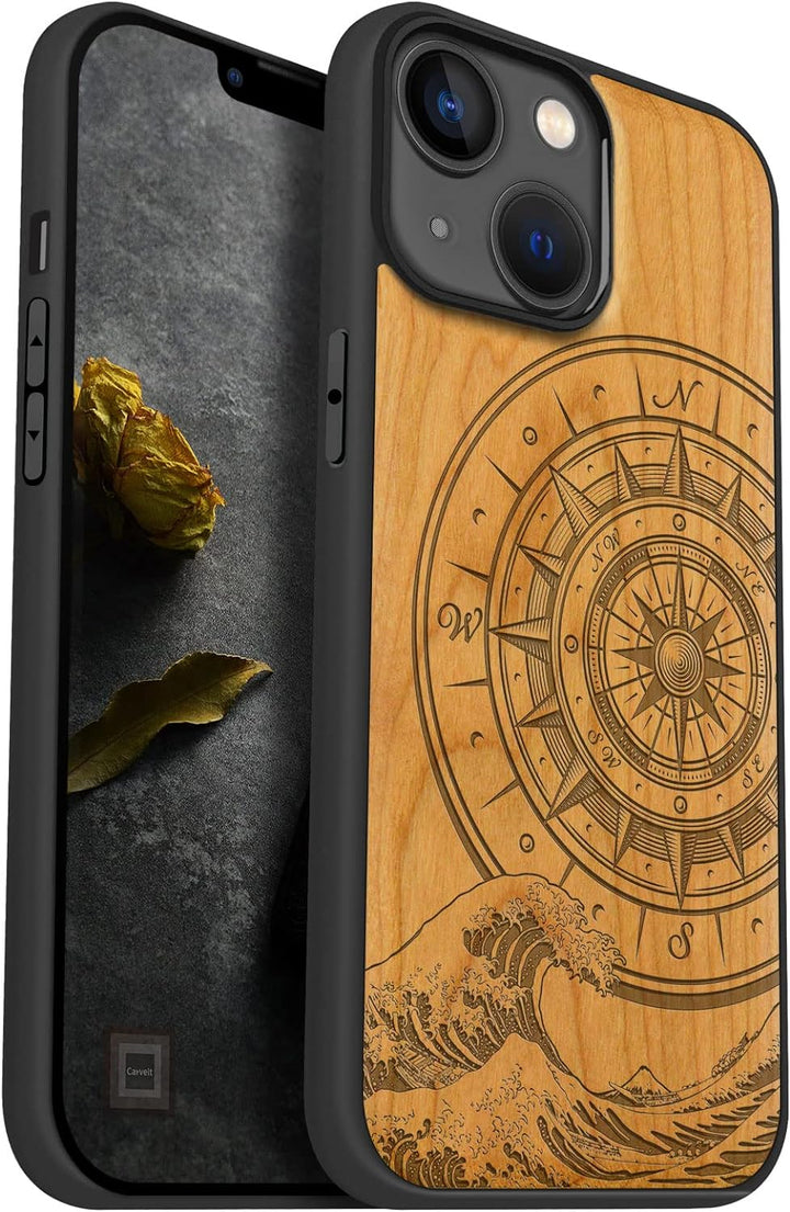 Carveit Handyhülle für iPhone 14 Holz Cover kompatibel mit MagSafe Massivholz für Apple 14 Stossfest