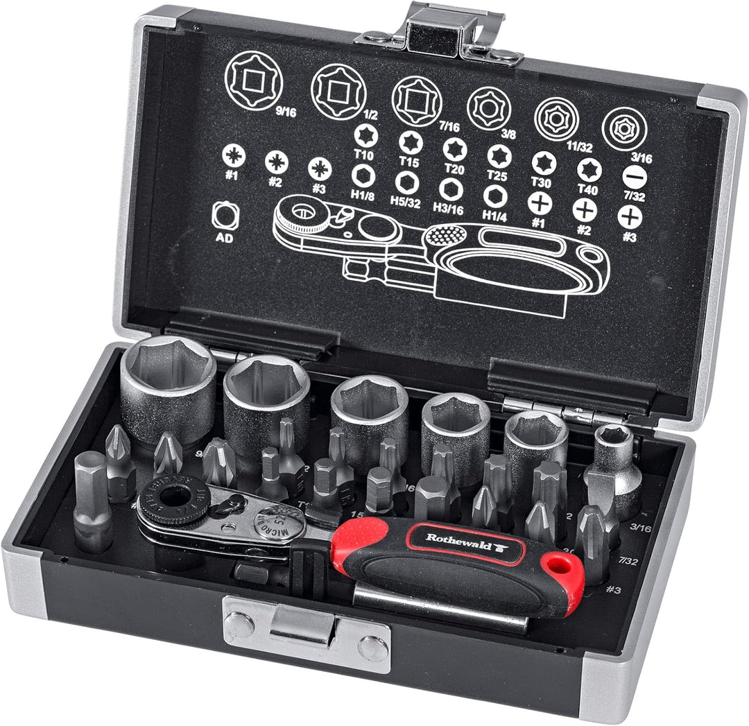 Rothewald Mini-Ratschensatz, Zöllig, 26 Teile, Motorrad-Zoll-Bordwerkzeug, Ratschen- & Bit-Set, Idea