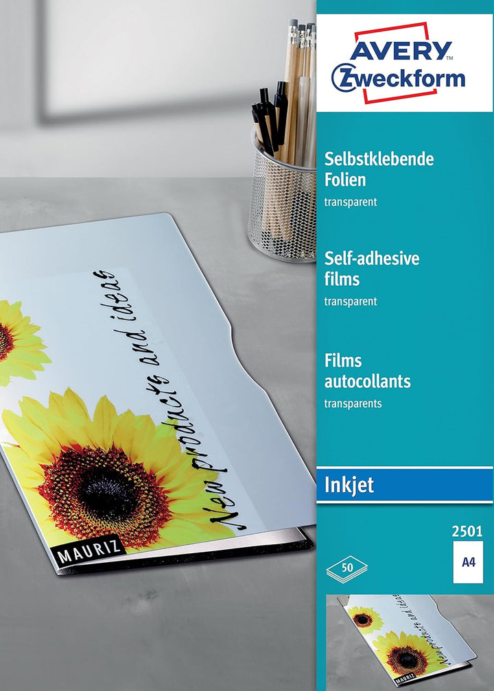 AVERY Zweckform 2501 Transparente Folien für Inkjetdrucker (50 selbstklebende Folien mit hoher Farbb