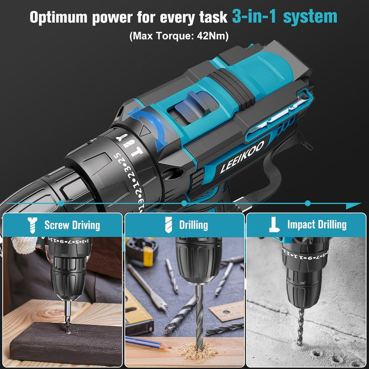 LEEIKOO Akkuschrauber 21V, Akku Bohrschrauber mit 2 Akkus 2.0Ah, 42N.m Akku Bohrmaschine, 25+3 Drehm