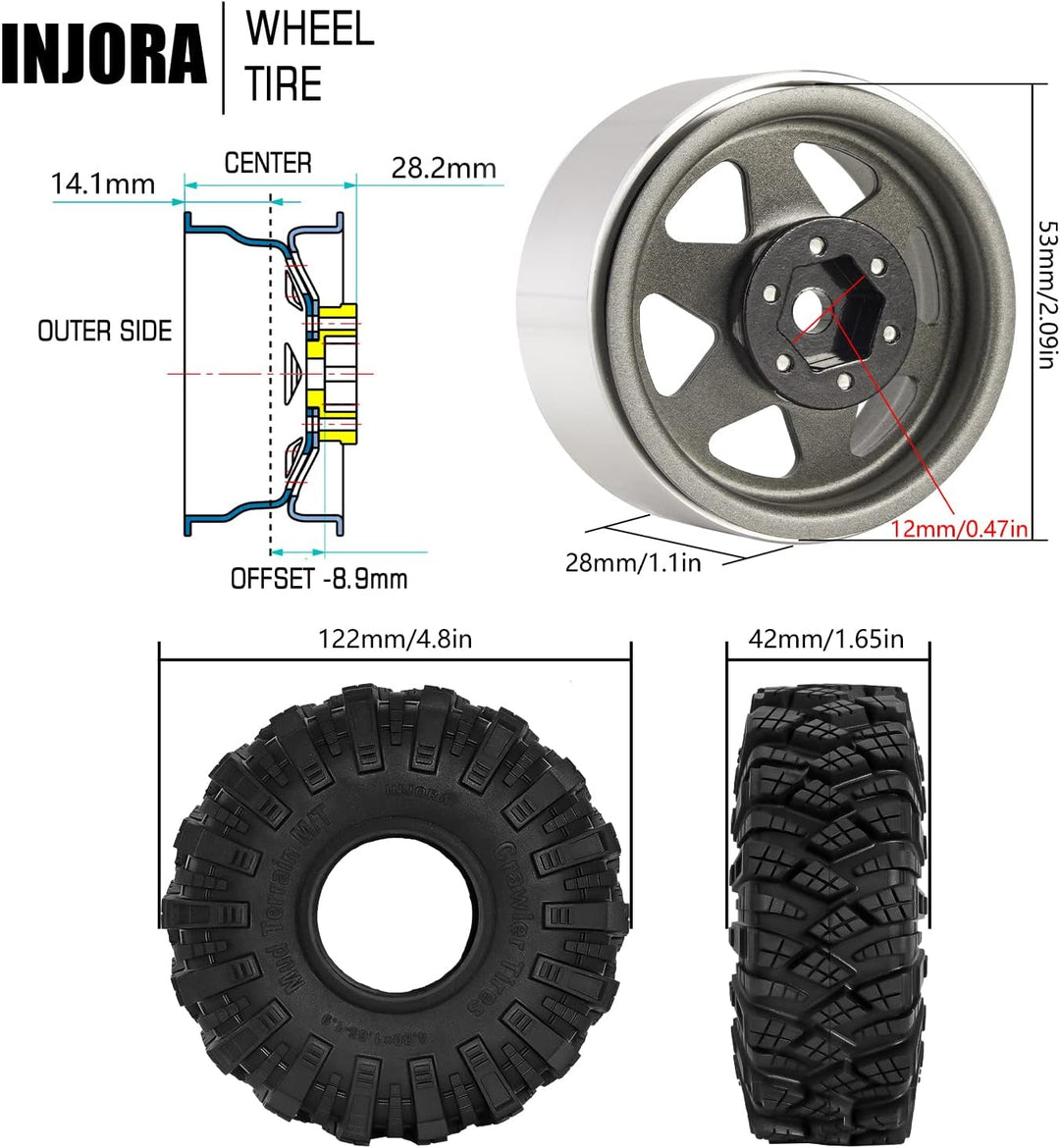 INJORA 1.9 Schlamm Reifen Sat Offset -8.9mm Beadlock Felge für 1/10 RC Crawler Auto Axial SCX10 9004