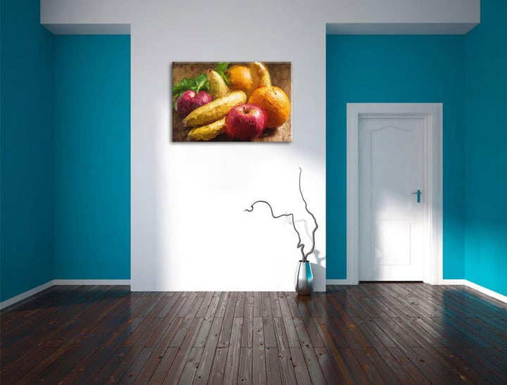 Früchte Pinsel Effekt, Format: 100x70 auf Leinwand, XXL riesige Bilder fertig gerahmt mit Keilrahmen