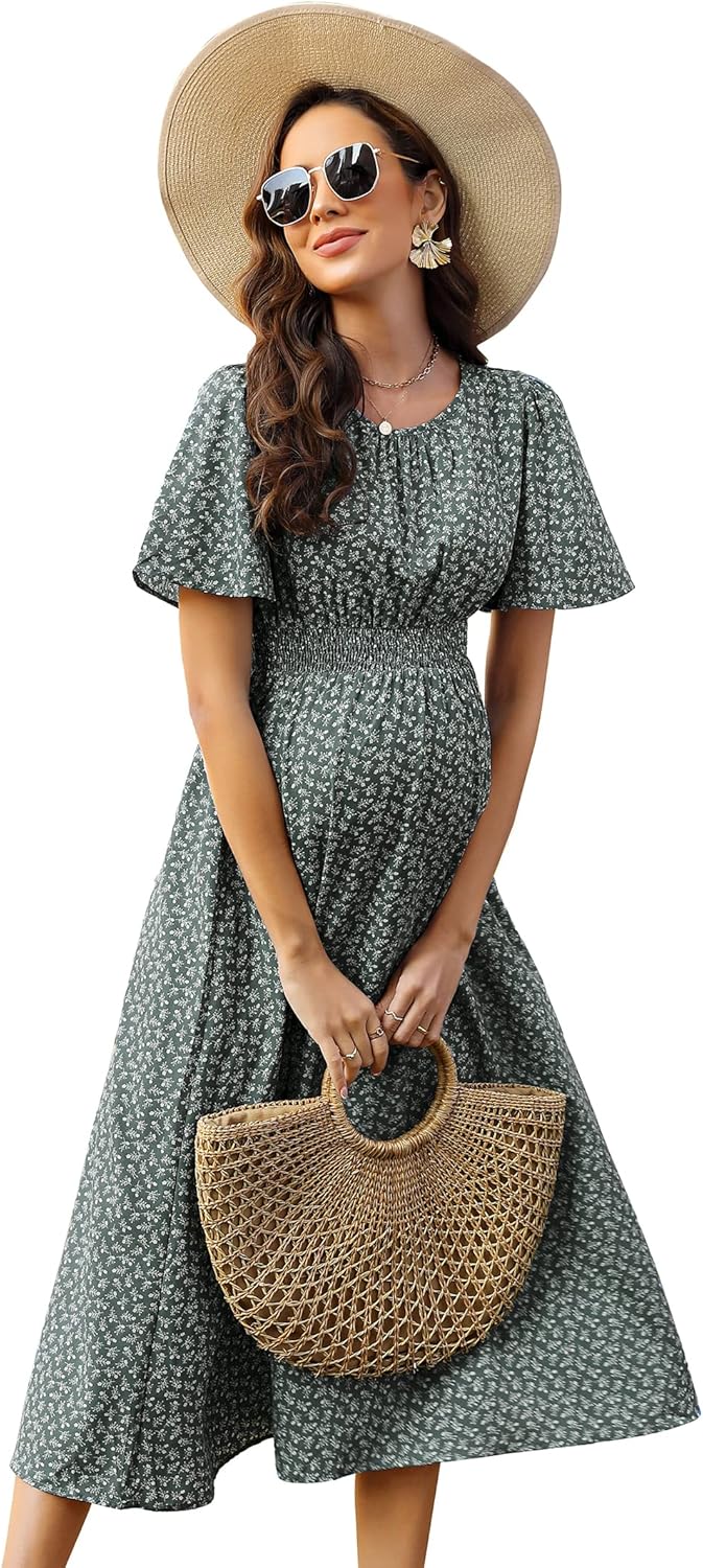 KOJOOIN Damen Umstandskleid Kurzarm Schwangerschafts Bedrucktes Kleid mit Rundhalsausschnitt und Rüs