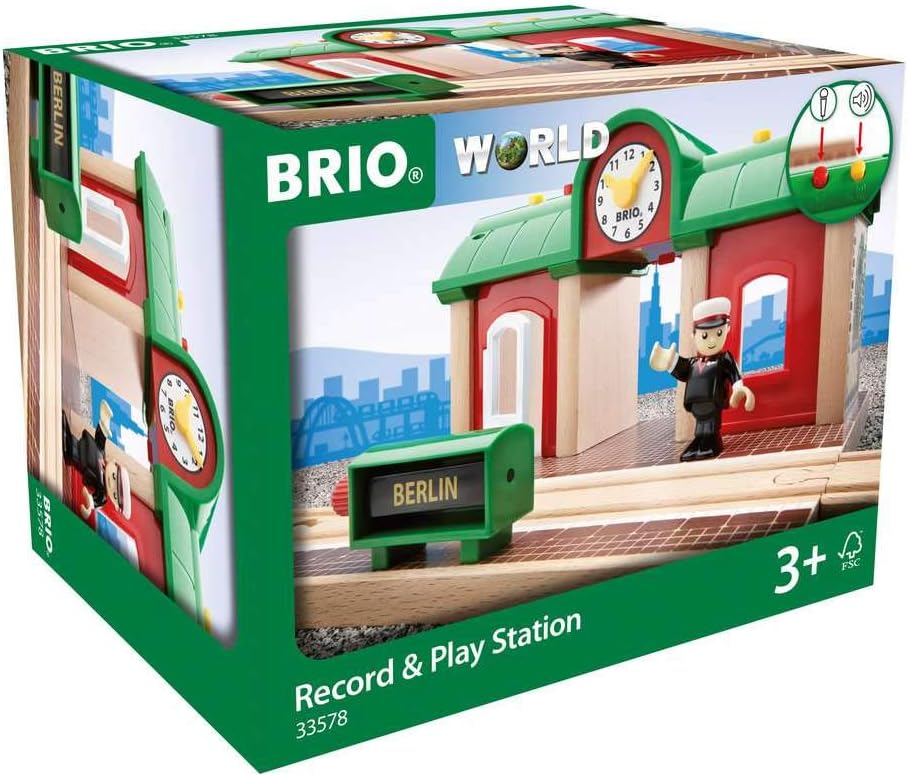 BRIO World 33578 Sprechender Bahnhof Eisenbahn Zubehör mit Aufnahmefunktion – Kleinkinderspielzeug e