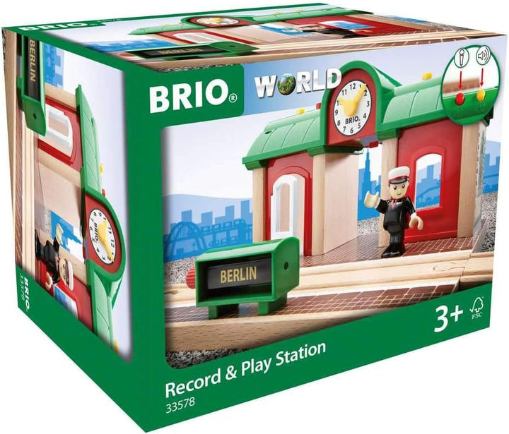 BRIO World 33578 Sprechender Bahnhof Eisenbahn Zubehör mit Aufnahmefunktion – Kleinkinderspielzeug e