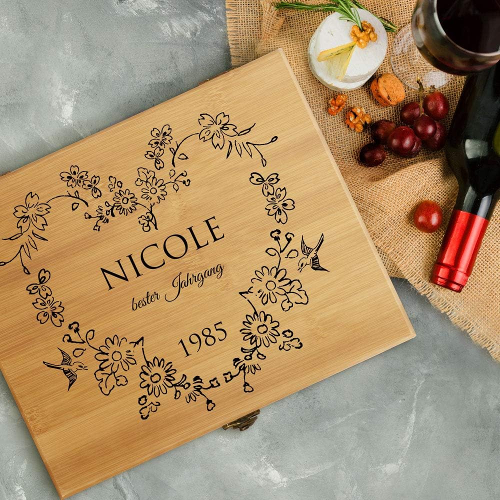 Maverton Weinöffner-Set personalisiert Weinset Sommelier Set - Geschenkbox Holzbox + 8er Weinzubehör