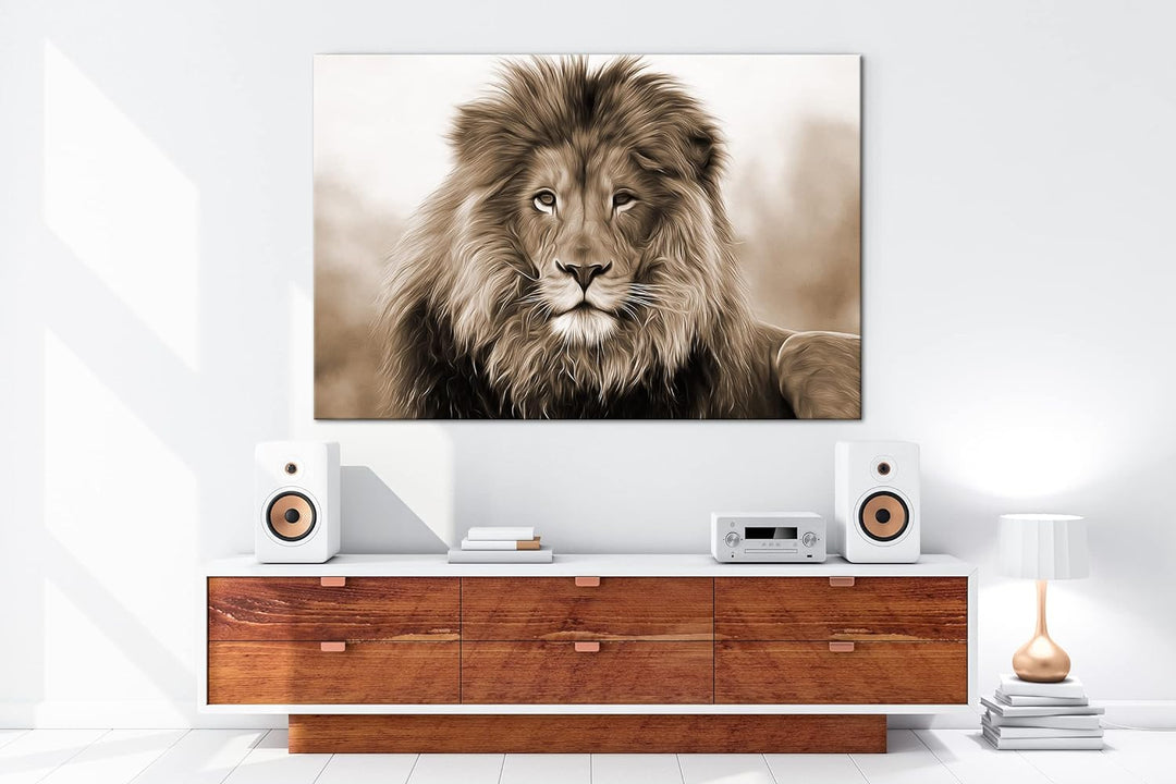 deyoli Stolzer Löwe Effekt: Sepia Format: 80x60 als Leinwandbild, Motiv fertig gerahmt auf Echtholzr