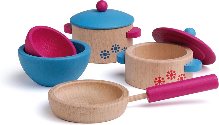 Erzi 10669 Kochset aus Holz, Kinderküche, Kaufladenartikel für Kinder, Rollenspiele