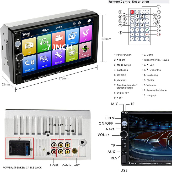 Hodozzy Autoradio 2 Din mit Bluetooth Freisprecheinrichtung 7 Zoll Autoradio mit Bildschirm Touchscr