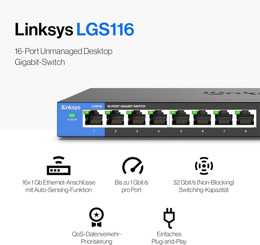 Linksys LGS116-EU 16-Port Unmanaged Gigabit-Netzwerk-Switch – Ethernet-Switch/Hub mit Metallgehäuse,