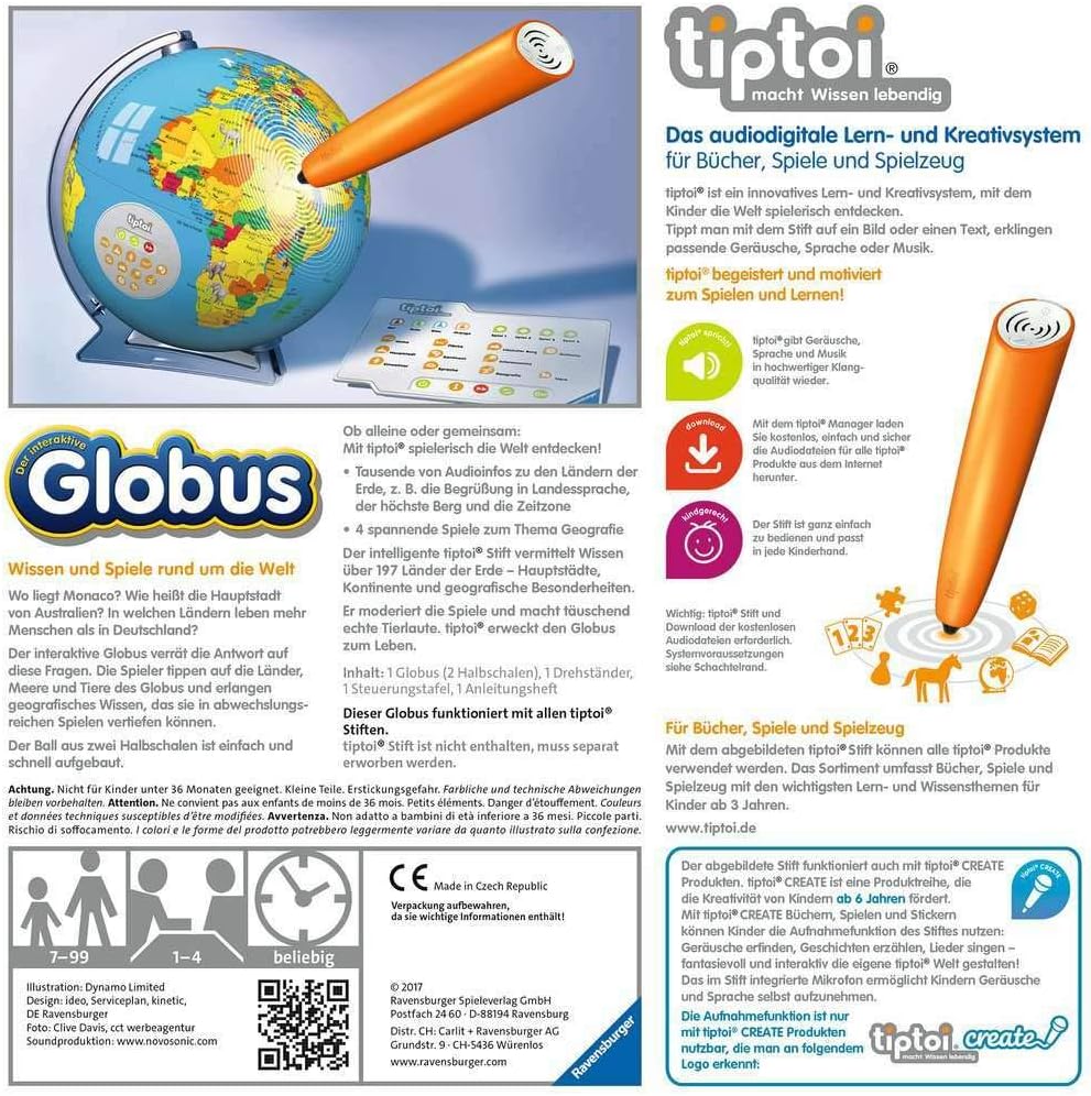 Ravensburger tiptoi 00787 - 3D Puzzle: Interaktiver Globus 17 Interaktiver Globus Single, Interaktiv