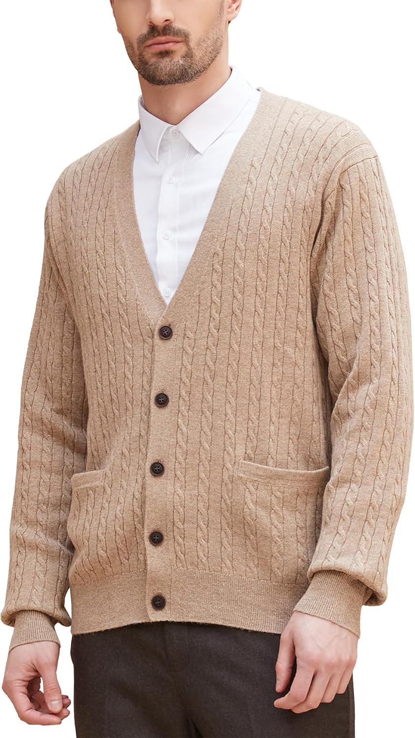 Kallspin Herren Strickjacke aus Wollmischung Zopfstrick Cardigan mit Knopfverschluss und Taschen S K