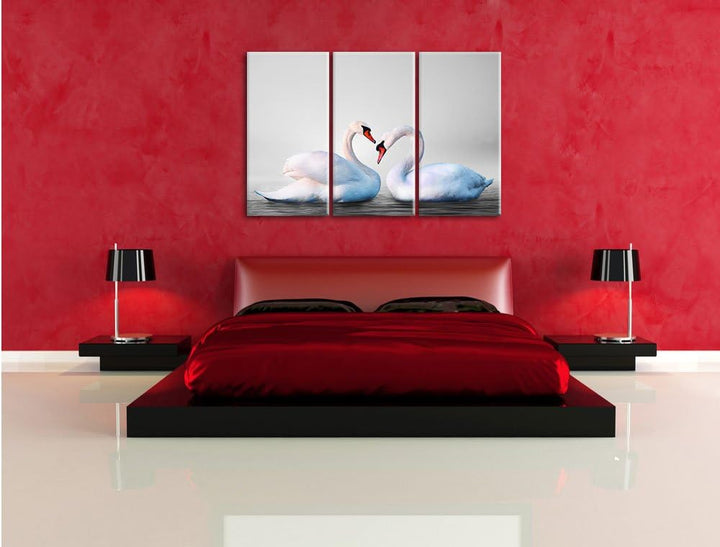 Pixxprint Zwei prächtige Schwäne auf dem Wasser B&W Detail 3-Teiler Leinwandbild 120x80 Bild auf Lei