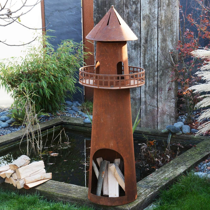 UNUS Gartenkamin Leuchtturm aus Edelrost als Feuerschale für den Garten 131 cm