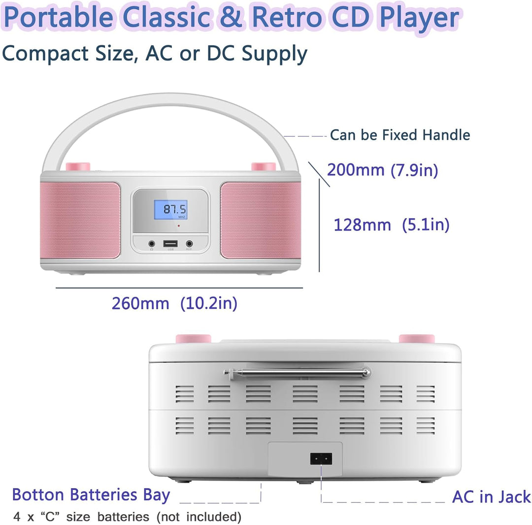 Tragbarer CD-Player Boombox mit Bluetooth | Fernsteuerung | FM-Radio | USB | MP3-Wiedergabe | Kompat