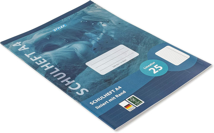 Stylex 29825-P25 - Schulheft, liniert, DIN A4, 16 Blatt mit 80 g/m² Grammatur, Aussenrand, 25 Stück