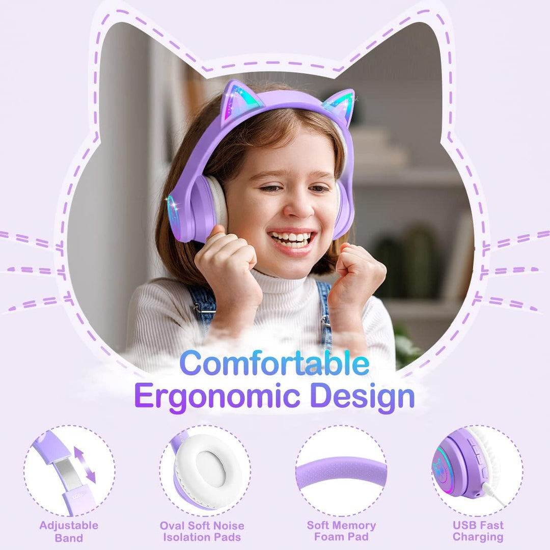 LOBKIN Bluetooth 5.3 Kinder Kopfhörer mit Tasche - RGB LED-licht Katzenohren Faltbare Stereo Headset