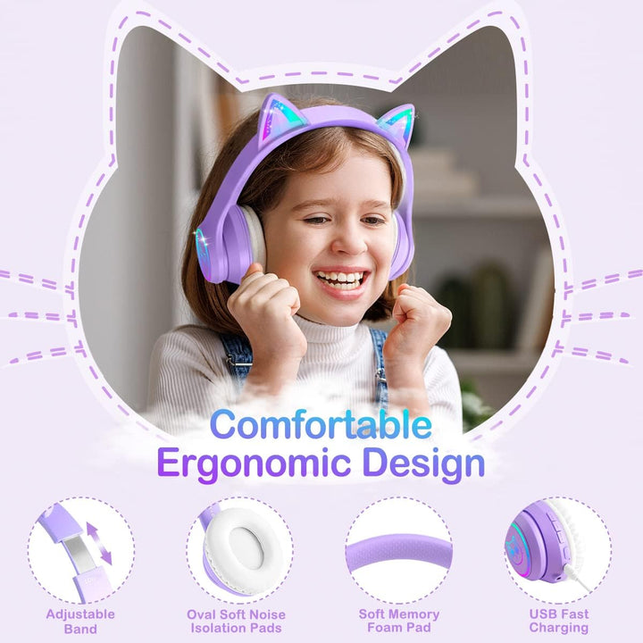 LOBKIN Bluetooth 5.3 Kinder Kopfhörer mit Tasche - RGB LED-licht Katzenohren Faltbare Stereo Headset