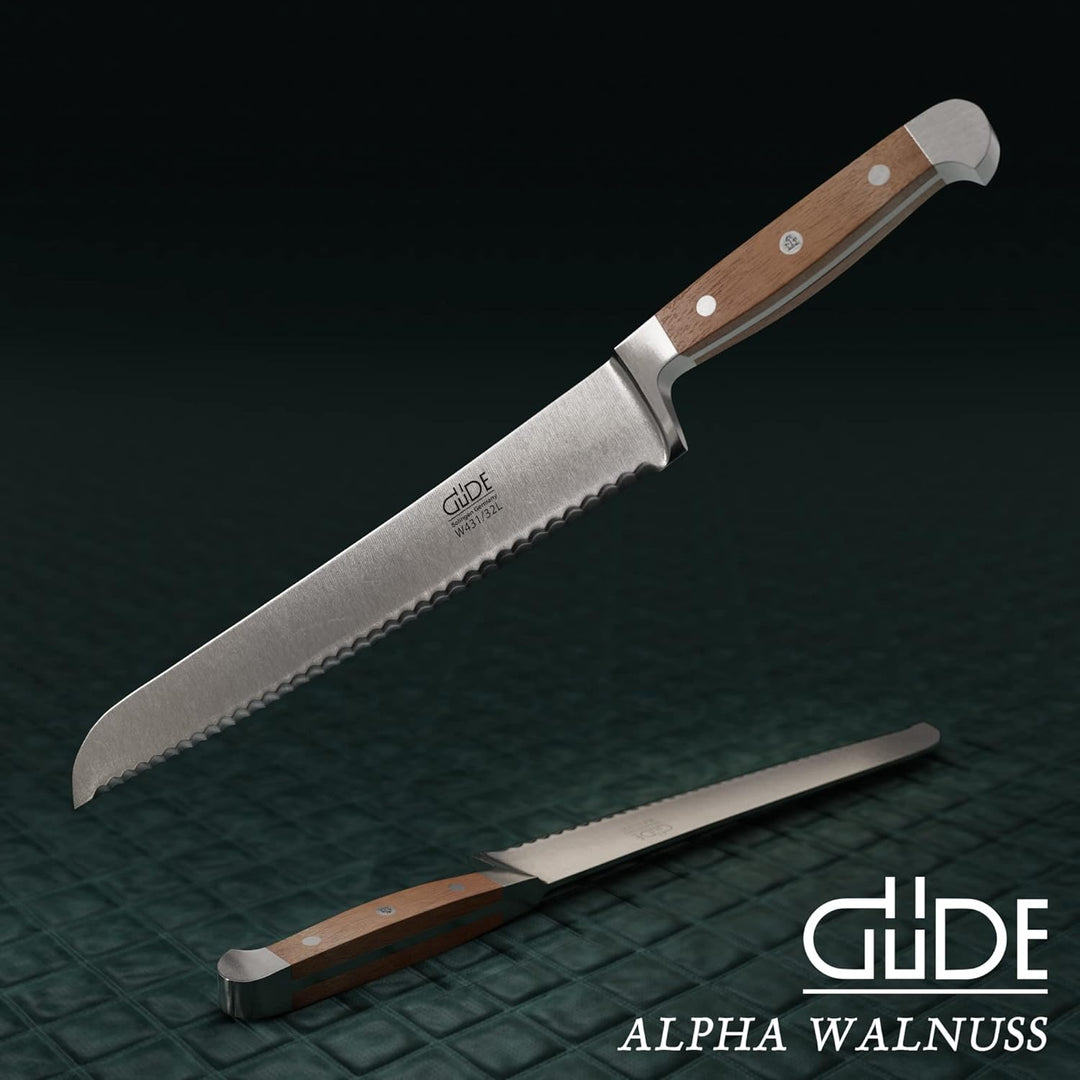 GÜDE Solingen - Brotmesser Linkshänder geschmiedet, 32 cm, Walnussholz, ALPHA WALNUSS, Doppelkropf,